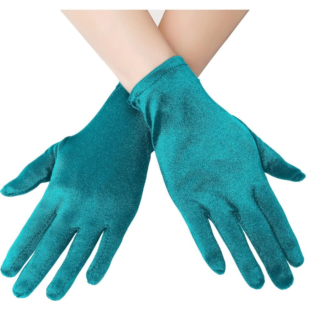 Women's 8-6 Malachite Elastic Short Length Satin Wrist Gloves Wedding Bride Prom